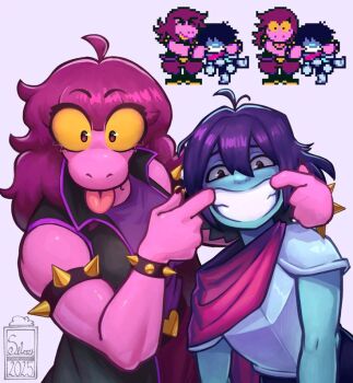 armor blue_skin bracelet colored_skin deltarune forced_smile hair_between_eyes jewelry kris_(deltarune) long_hair looking_at_viewer muscular non-web_source pink_skin purple_hair short_hair smile spiked_bracelet spikes susie_(deltarune) tongue tongue_out utdr_(toby_fox) white_background yellow_eyes