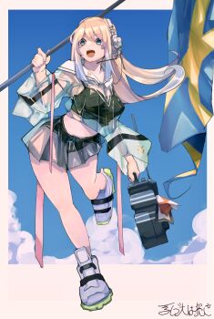 1girl absurdres blonde_hair blue_eyes blue_hair breasts gradient_hair headset highres holding indie_virtual_youtuber long_hair medium_breasts multicolored_hair navel non-web_source open_mouth see-through_clothes see-through_shirt see-through_skirt see-through_sleeves shirt skirt solo source_request swedish_flag todoroki_mushi virtual_youtuber zeta_(vtuber) zeta_(vtuber)_(1st_costume)