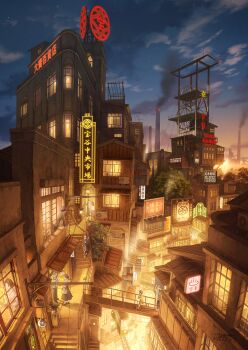 6+boys 6+girls absurdly_detailed_composition air_conditioner awning bag billboard book building city cloud cloudy_sky complex_exterior dated evening handbag highres holding holding_book industrial_pipe leaning_out_of_window long_skirt multiple_boys multiple_girls neon_lights onsen_symbol original overhead_line pants pochi_(poti1990) power_lines railroad_tracks reading scenery sign signature skirt sky smoke smokestack stairs standing star_(sky) starry_sky sunset train tree walkway window