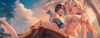 2girls alternate_hair_color arm_up armpits bare_shoulders baseball_cap bikini black_choker black_hair black_survival blue_eyes blue_hair breasts brown_thighhighs choker cleavage closed_mouth colored_inner_hair debi_(black_survival) debi_(cotton_candy)_(black_survival) eternal_return:_black_survival gas_mask gyogyog hat highres jacket large_breasts long_hair looking_at_viewer low_ponytail marlene_(black_survival) marlene_(cotton_candy)_(black_survival) mask mask_around_neck multicolored_hair multicolored_jacket multiple_girls nail_polish navel off_shoulder official_alternate_costume one_side_up open_clothes open_jacket open_mouth ponytail red_eyes red_hair short_hair shrug_(clothing) skindentation smile stomach string_bikini swimsuit thigh_strap thighhighs thighs two-tone_hair two-tone_jacket visor_cap white_bikini white_hair white_hat white_jacket