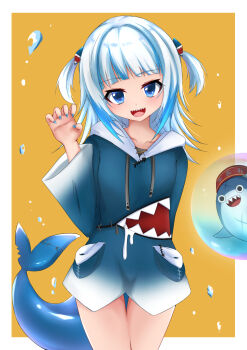 bloop_(gawr_gura) blue_hoodie blue_nails blue_streaks fins fish_tail gawr_gura gawr_gura_(1st_costume) grey_hair highres hololive hololive_english hood hoodie looking_at_viewer medium_hair moezi multicolored_hair nail_polish open_mouth shark_girl shark_tail sharp_teeth smile solo streaked_hair tail teeth two_side_up upper_teeth_only virtual_youtuber