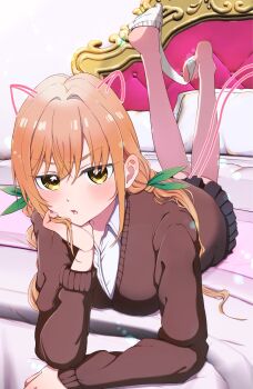 1girl barefoot black_skirt blush brown_cardigan cardigan commentary_request feet feet_up full_body green_ribbon hair_between_eyes hair_intakes hair_ornament hand_up highres holding_with_feet inda_karane kimi_no_koto_ga_dai_dai_dai_dai_daisuki_na_100-nin_no_kanojo knees_together_feet_apart long_hair long_sleeves looking_at_viewer lying miniskirt no_shoes on_stomach open_mouth orange_hair pleated_skirt removing_sock ribbon shadow shirt sidelocks skirt socks soles solo the_pose toenails twintails watanabee white_shirt white_socks yellow_eyes