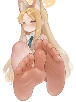 1girl absurdres animal_ears averting_eyes barefoot blonde_hair blue_archive closed_mouth commentary dokomon dress extra_ears feet foot_focus fox_ears fox_girl halo highres long_hair looking_to_the_side seia_(blue_archive) simple_background sitting soles solo toes variant_set very_long_hair white_background white_dress yellow_eyes yellow_halo
