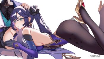 1boy 1girl absurdres aqua_eyes aqua_kimono artist_name asymmetrical_bangs backless_leotard bare_shoulders black_bodysuit black_bow black_gloves black_hair black_nails black_shorts blunt_bangs bodystocking bodysuit bow breasts brown_pantyhose by_nearreya cape colored_inner_hair detached_sleeves earrings elbow_gloves eyelashes feet_up furisode genshin_impact gloves gold_earrings gold_shoes gold_trim hair_between_eyes hair_bow hand_on_another&#039;s_head hand_on_another&#039;s_thigh head_out_of_frame headpat hetero high_heels highres japanese_clothes jewelry juban kimono leg_warmers leotard long_hair looking_at_viewer lying medium_breasts mona_(genshin_impact) multicolored_hair on_stomach open_clothes open_hand open_kimono open_mouth pantyhose parted_bangs pink_lips purple_cape purple_hair purple_leotard purple_rope purple_sleeves rope scaramouche_(genshin_impact) shoes shorts sidelocks sitting star_(symbol) star_earrings star_print streaked_hair tareme twintails wanderer_(genshin_impact) white_background white_hair white_kimono white_leg_warmers white_mouth white_trim