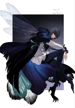 Rule 34 | 1boy, badeni, black cloak, black hair, black pants, blunt bangs, border, chi.: chikyuu no undou ni tsuite, clawed feet, claws, cloak, commentary request, diamond hairband, dragonfly wings, fairy wings, fate/grand order, fate (series), fur-trimmed cloak, fur trim, fusion, gradient background, highres, insect wings, looking at viewer, male focus, medium hair, oberon (fate), oberon (third ascension) (fate), pants, parted lips, sakitsu, scar, scar on face, scar on mouth, scar on nose, shirt, smile, solo, white border, white shirt, wings