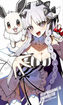 1girl bare_shoulders black_bow black_eyes blush bow braid breasts cleavage collar colored_inner_hair commentary_request detached_sleeves dress eevee fate/strange_fake fate_(series) francesca_prelati_(fate) frilled_collar frills garter_straps gen_1_pokemon grey_hair hair_bow highres kabosoi_mangaka long_hair looking_at_viewer medium_breasts multicolored_hair nintendo open_mouth parted_bangs poke_ball poke_ball_(basic) pokemon pokemon_(creature) ringed_eyes sidelocks smile striped_clothes striped_dress thighhighs thighs very_long_hair white_dress white_hair white_thighhighs