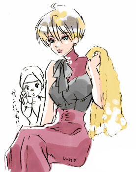 2girls blonde_hair blue_eyes breasts female_focus formal_clothes king_(snk) large_breasts looking_at_viewer multiple_girls pants shirt short_hair suit the_king_of_fighters tuxedo u_nondesu333 undressing white_shirt yuri_sakazaki