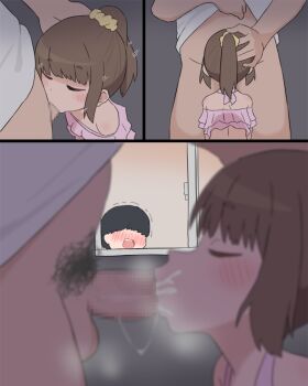 1girl 2boys aroused bare_shoulders bikini black_hair blush brown_hair bubukka caught censored close-up closed_eyes cum cum_in_mouth cum_string cumdrip ejaculation faceless faceless_male fellatio from_behind from_side hair_ornament hair_scrunchie hand_on_another's_head height_difference loli male_pubic_hair midriff mosaic_censoring motion_lines multiple_boys multiple_views off-shoulder_bikini off-shoulder_one-piece_swimsuit off_shoulder one-piece_swimsuit oral original penis pink_bikini ponytail prostitution pubic_hair scrunchie short_hair shota surprised swimsuit uri_(bubukka) voyeurism yariharu_uri_(bubukka) yellow_scrunchie