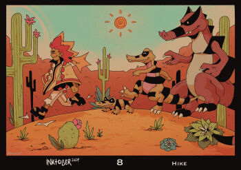 Rule 34 | 1boy, alder (pokemon), black border, black sandals, blue sky, border, cactus, cam (atomgecko), claws, closed eyes, closed mouth, commentary, day, desert, english commentary, english text, evolutionary line, fangs, flower, from side, full body, gen 5 pokemon, grass, highres, inktober, krokorok, krookodile, long hair, male focus, mature male, multicolored hair, nintendo, orange hair, outdoors, pants, pink flower, poke ball, poke ball (basic), pokemon, pokemon (creature), pokemon bw, poncho, ponytail, sand, sandals, sandile, sky, smile, sun, two-tone hair, walking, white pants