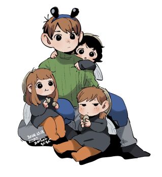 1boy 3girls black_dress black_eyes black_hair blue_pants brown_eyes brown_hair chilchuck_tims closed_mouth commentary_request dated dress dungeon_meshi eating father_and_daughter food freckles fullertom_(dungeon_meshi) green_sweater highres long_sleeves mayjack_(dungeon_meshi) multiple_girls packpatty_(dungeon_meshi) pants ribbed_sweater simple_background sitting sweater tmr0621 translation_request white_background