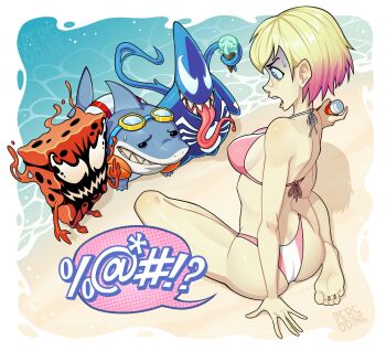 1girl alternate_costume ass barefoot bikini blonde_hair breasts carnage_(marvel) censored_profanity crossover day goggles goggles_on_head gradient_hair gwenpool highres jeff_(marvel) marvel medium_breasts multicolored_bikini multicolored_hair patrick_star percodine pink_bikini pink_hair sand short_hair sitting soles speech_bubble spider-man_(series) spongebob_squarepants spongebob_squarepants_(series) swimsuit symbiote tongue tongue_out two-tone_bikini two-tone_hair venom_(marvel) water white_bikini