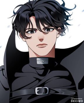 1boy black_coat black_eyes black_hair black_shirt coat commentary curtained_hair english_commentary highres looking_at_viewer male_focus nadardoh omniscient_reader&#039;s_viewpoint open_clothes open_coat popped_collar shirt short_hair solo upper_body yoo_joonghyuk