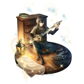 1boy amaki_ren ankle_boots armor artist_request belt black_belt black_boots black_hair black_shirt black_vest blue_eyes blue_pants book book_stack boots chest_of_drawers cleaning cleaning_weapon cuirass double-parted_bangs full_body game_cg grey_shirt hair_between_eyes holding holding_sword holding_weapon lantern layered_shirt legendary_sword_(small_sword)_(tate_no_yuusha_no_nariagari) legendary_sword_(tate_no_yuusha_no_nariagari) light_particles light_smile long_sleeves looking_at_object male_focus official_alternate_costume official_art on_floor pants pauldrons shirt short_hair short_sleeves shoulder_armor sidelocks single_pauldron sitting solo sparkle spiked_pauldrons spikes sword tate_no_yuusha_no_nariagari tate_no_yuusha_no_nariagari_rerise unworn_armor v-shaped_eyebrows vest weapon wooden_floor