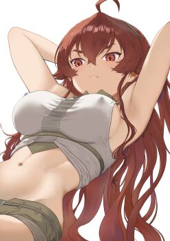 1girl ahoge arm_up armpits arms_behind_head breasts closed_mouth covered_erect_nipples cropped_shirt eris_greyrat exercising frown green_shorts highres large_breasts long_hair mushoku_tensei navel red_eyes red_hair rora_(user_vgpk4444) shirt short_shorts shorts simple_background sit-up sleeveless sleeveless_shirt solo toned very_long_hair white_background
