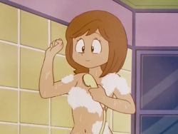 1980s_(style) 1girl 80s animated anime_screenshot ass back barefoot breasts convenient_censoring indoors mai_machiko maicching_machiko-sensei navel nude oldschool orange_hair retro_artstyle showering smile soap_bubbles solo video