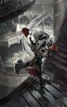 Rule 34 | 1girl, ascot, baluster, bird, black boots, black cape, black gloves, black pants, blood, blood stain, bloodborne, boots, cape, cape lift, dress, flower, from above, gem, gloves, hat, hat feather, highres, holding, holding flower, lady maria of the astral clocktower, long hair, lying, mrthersh, on back, pale skin, pants, pillar, railing, stairs, sunflower, tricorne, white ascot, white hair