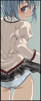 Rule 34 | 1girl, ass, black skirt, blue eyes, blue hair, blue panties, blush, clothes lift, juliet sleeves, long sleeves, looking at viewer, mahou shoujo madoka magica, mahou shoujo madoka magica (anime), miki sayaka, mitakihara school uniform, panties, pleated skirt, print panties, puffy sleeves, school uniform, shirt, short hair, skirt, skirt lift, smile, solo, underwear, white shirt, yellow shirt, you2