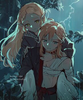 1boy 1girl artist_name bandaged_arm bandaged_chest bandages black_cloak black_robe blonde_hair blue_eyes carrying cloak commentary english_commentary green_eyes hazeleafyy lightning_bolt_symbol link long_hair medium_hair nintendo parted_bangs parted_lips piggyback poi princess_zelda rain robe the_legend_of_zelda the_legend_of_zelda:_breath_of_the_wild the_legend_of_zelda:_tears_of_the_kingdom wet