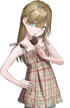 Rule 34 | 1girl, absurdres, bare arms, bare shoulders, basasyu, blue eyes, brown hair, candy, candy bar, collarbone, cowboy shot, dress, food, hand on own hip, highres, holding, ice cream bar, long hair, looking at viewer, original, pantyhose, plaid clothes, plaid dress, simple background, sleeveless, sleeveless dress, solo, white background