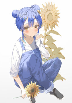 1girl absurdres alternate_costume alternate_hairstyle amamiya_kokoro antenna_hair black_shoes blue_hair blue_overalls blush commentary_request crossed_legs double_bun flower full_body gradient_hair hair_between_eyes hair_bun hair_up highres holding holding_flower loafers long_sleeves looking_to_the_side multicolored_hair nijisanji overalls pants pants_rolled_up shirt shoes sidelocks simple_background sitting sleeves_rolled_up solo sunflower sutei_(arece15) virtual_youtuber white_background white_shirt yellow_eyes