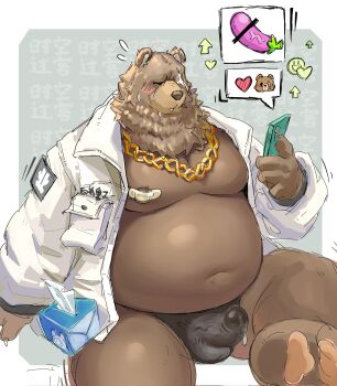 1boy animal_ears bandaid bandaids_on_nipples bara bear_boy bear_ears belly ben_bigger blush brown_fur chain chain_necklace closed_eyes commentary_request covered_erect_nipples erection fat flying_sweatdrops furry furry_male guoke0226 heart highres holding holding_phone jacket jewelry looking_at_phone male_focus navel necklace nipples notched_ear open_mouth pasties pectorals penis phone plump precum scar scar_across_eye scar_on_face sitting speech_bubble spoken_emoji sweatdrop tissue_box white_jacket zenless_zone_zero