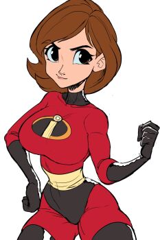bob_cut breasts brown_eyes brown_hair elastigirl highres large_breasts latex mature_female short_hair simple_background superhero_costume teevo the_incredibles