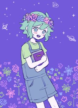 1boy antenna_hair basil_(headspace)_(omori) basil_(omori) blue_overalls blush book colored_skin commentary_request double-parted_bangs flower flower_wreath green_eyes green_hair green_shirt head_wreath highres holding holding_book male_focus omori open_mouth overall_shorts overalls panyanonidaime purple_background shirt short_hair short_sleeves smile solo t-shirt teeth upper_teeth_only white_skin