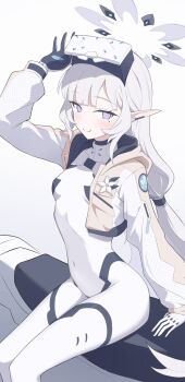 Rule 34 | 1girl, absurdres, adjusting goggles, black halo, blue archive, bodysuit, breasts, brown jacket, closed mouth, covered navel, cropped jacket, earclip, flower, grey hair, halo, head-mounted display, highres, himari (armed) (blue archive), himari (blue archive), impossible bodysuit, impossible clothes, jacket, long hair, mole, mole under eye, motor vehicle, motorcycle, multicolored halo, official alternate costume, on motorcycle, pointy ears, purple eyes, purple halo, simple background, sitting, small breasts, smile, solo, two-tone halo, vec ka, white background, white bodysuit, white flower