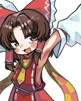 Rule 34 | 1girl, absurdres, arm up, armpits, benikurage (cookie), blush, bow, brown eyes, brown hair, checkered clothes, checkered scarf, commentary request, cookie (touhou), detached sleeves, dress, flat chest, frilled bow, frilled hair tubes, frills, hair bow, hair tubes, hakurei reimu, highres, looking at viewer, medium hair, melanin shikiso, necktie, open mouth, orange scarf, parted bangs, red bow, red dress, scarf, sidelocks, simple background, sleeveless, sleeveless dress, smile, solo, touhou, upper body, white background, white sleeves, yellow necktie, yellow scarf