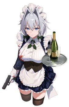 1girl apron black_thighhighs blood blood_on_clothes blue_eyes bottle bow braid breasts champagne_bottle closed_mouth green_bow greenkohgen grey_hair gun hair_between_eyes hair_bow handgun highres holding holding_gun holding_weapon izayoi_sakuya large_breasts long_sleeves looking_at_viewer maid maid_apron maid_headdress shirt simple_background solo thighhighs thighs touhou twin_braids weapon white_apron white_background white_shirt