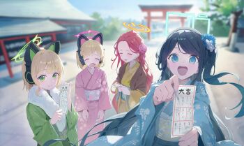 4girls ^_^ absurdres alternate_costume animal_ear_headphones animal_ears aris_(blue_archive) black_hair blonde_hair blue_archive blue_kimono blurry blurry_background blush cat_ear_headphones cat_ears closed_eyes commentary_request enokinoko1010 fake_animal_ears flower fur-trimmed_kimono fur_trim furisode game_development_department_(blue_archive) green_kimono hair_flower hair_ornament halo headphones highres holding_omikuji japanese_clothes kimono long_hair looking_at_viewer midori_(blue_archive) momoi_(blue_archive) multiple_girls obi omikuji one_side_up outdoors pink_kimono red_hair sash short_hair shrine smile torii very_long_hair yellow_kimono yuzu_(blue_archive)