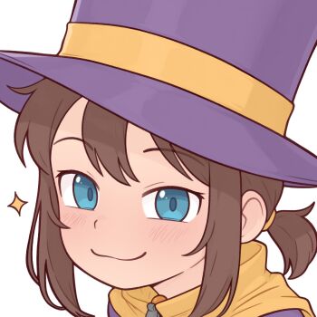 1girl a_hat_in_time blue_eyes brown_hair casytay closed_mouth commentary english_commentary hat hat_kid highres looking_at_viewer ponytail portrait purple_hat short_hair smile solo top_hat white_background