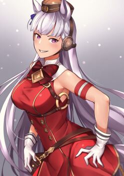 1girl absurdres animal_ears armband belt_pouch blunt_bangs blush bow bowtie breasts brown_hat commentary_request cowboy_shot dress ear_bow ear_ribbon gloves gold_ship_(red_strife)_(umamusume) gold_ship_(umamusume) grey_hair grin hand_on_own_hip hat highres horse_ears horse_girl horse_tail large_breasts leggings long_hair looking_at_viewer mr2d pantyhose pillbox_hat pouch purple_bow purple_eyes red_armband red_bow red_bowtie red_dress simple_background sleeveless sleeveless_dress smile solo striped_armband striped_clothes tail thigh_strap umamusume white_armband white_gloves white_pantyhose