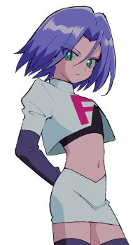 1boy black_gloves blue_hair commentary_request crop_top crossdressing gloves green_eyes highres james_(pokemon) looking_at_viewer macchiromomomo nintendo pokemon pokemon_(anime) pokemon_(classic_anime) single_letter team_rocket team_rocket_uniform trap