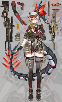Rule 34 | 1girl, absurdres, alternate costume, alternate hair color, breasts, reference sheet, cleavage, dinomorphia kentregina, duel monster, explosive, fangs, fingerless gloves, food, full body, glock, gloves, goggles, goggles on head, gun, handgun, highres, holding, holding food, holding popsicle, large breasts, mechanical arms, mechanical tail, orange eyes, popsicle, scope, short shorts, shorts, single fingerless glove, single mechanical arm, solo, tail, tattoo, thighhighs, walkie-talkie, weapon, white hair, yu-gi-oh!, yutou yutou yu