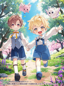 2boys :d absurdres black_bow black_shoes blonde_hair blue_shoes blue_shorts blue_sky bow brown_eyes brown_hair child closed_mouth cloud collared_shirt commentary_request copyright_request day dress_shirt flower frilled_shirt_collar frills grey_vest highres holding_hands long_sleeves male_focus multiple_boys nyanya official_art open_mouth orange_bow outdoors pink_flower puffy_long_sleeves puffy_sleeves purple_flower shirt shoe_soles shoes shorts sky smile socks suspender_shorts suspenders tree vest walking white_shirt white_socks