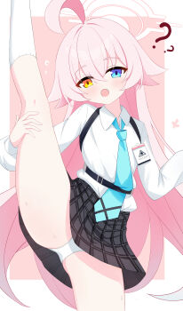 1girl :o ? absurdres abydos_high_school_logo ahoge black_skirt blue_archive blue_eyes blue_necktie blush chest_harness collared_shirt dot_nose fang feet_out_of_frame flying_sweatdrops hair_between_eyes halo harness heterochromia highres hoshino_(blue_archive) huge_ahoge id_card kneepits leg_up legs loli long_hair long_sleeves looking_at_viewer necktie open_mouth panties pink_hair pink_halo plaid_clothes plaid_skirt school_uniform shirt shirt_tucked_in simple_background skirt socks solo split standing standing_on_one_leg standing_split sweat thighs ttriwk underwear very_long_hair white_panties white_shirt white_socks yellow_eyes