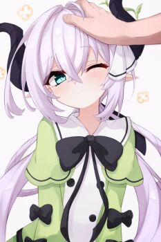 1boy 1girl absurdres ahoge ayanue black_bow blue_eyes blush bow capelet closed_mouth commentary_request dress green_capelet green_dress grey_background grey_hair hair_between_eyes hair_intakes hair_rings head_tilt headpat highres horns long_hair one_eye_closed original out_of_frame pointy_ears simple_background solo_focus very_long_hair