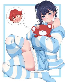 1boy 1girl animal animal_ears black_hair blue_border blue_eyes blue_pajamas blue_scrunchie border closed_mouth commentary_request freedom_xdrive gridman_universe hibiki_yuuta highres holding holding_animal long_sleeves multicolored_eyes o_o pajamas pink_eyes ponytail rectangular_mouth red_hair robe_partially_removed scrunchie simple_background single_bare_shoulder smile speech_bubble ssss.gridman striped_robe takarada_rikka thick_thighs thighhighs thighs thought_bubble white_background