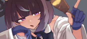 1girl :o black_shirt blue_gloves blunt_bangs collared_shirt commentary_request gloves grey_background gwynn_(pokemon) hands_up holding imo_(himomosweet) index_finger_raised jacket long_hair nintendo off_shoulder open_clothes open_jacket open_mouth partially_fingerless_gloves pokemon pokemon_legends:_z-a purple_eyes shirt simple_background solo white_jacket