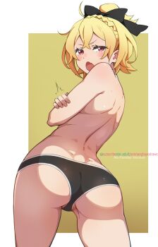 1girl absurdres animanghayo ass black_bow black_pants blonde_hair blush bow braid clip_studio_paint_(medium) cowboy_shot crossed_arms crown_braid fang felt_(re:zero) from_behind hair_bow highres looking_at_viewer looking_back open_mouth paid_reward_available pants re:zero_kara_hajimeru_isekai_seikatsu red_eyes short_hair skin_fang solo subscribestar_logo subscribestar_username thighs topless_female v-shaped_eyebrows watermark web_address