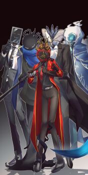 Rule 34 | 2others, 3boys, absurdres, animal head, argalia (project moon), black fire, black gloves, black pants, black shirt, black shoes, blue coat, bug, butterfly, coat, collared shirt, dante (limbus company), der freischuetz (project moon), distortion (project moon), fire, flaming head, full body, funeral of the dead butterflies, gloves, hand up, highres, insect, library of ruina, limbus company, lobotomy corporation, long sleeves, monitor, multiple boys, multiple others, necktie, nemo (project moon), object head, pants, project moon, red coat, red necktie, shirt, shoes, yellow trim