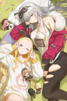 Rule 34 | > <, 6+girls, anis (nikke), black pants, blonde hair, blue eyes, breasts, bullet, bullet necklace, character sticker, chibi, cleavage, closed mouth, collarbone, commander (nikke), commentary, english commentary, eye mask, forehead, frima (nikke), goddess of victory: nikke, grey hair, hair between eyes, hair spread out, highres, hood, hoodie, inoue takina, jacket, kicking, kurumi (lycoris recoil), large breasts, light particles, long hair, long sleeves, lycoris recoil, lying, mask, multiple girls, nishikigi chisato, on back, on side, one eye closed, open clothes, open jacket, pants, photo (object), pillow, pulling, rapi (nikke), red jacket, rubbing eyes, shirt, single bare shoulder, single off shoulder, sleeves past wrists, smile, sticker, sweatdrop, torn clothes, torn pants, very long hair, yellow eyes, zua (2vziu)