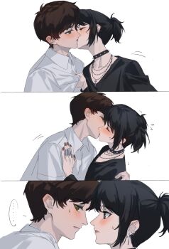 ... 1boy 1girl arm_around_shoulder black_choker black_shirt blush brown_hair brown_nails choker closed_eyes clothes_grab collared_shirt earrings eren_yeager grabbing_another's_shirt green_eyes grey_eyes hand_on_another's_shoulder hetero highres jewelry looking_at_another mikasa_ackerman multiple_earrings multiple_necklaces multiple_rings nail_polish necklace official_alternate_hairstyle ring shingeki_no_kyojin shingeki_no_school_castes shirt short_hair spoken_ellipsis studded_choker sweatdrop twintails upper_body white_background white_shirt yun_(dl2n5c7kbh8ihcx)