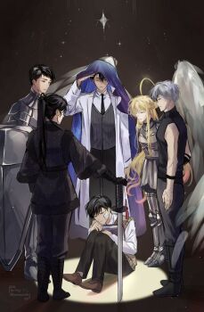 absurdres armor bandage_on_face bandages black_eyes black_hair black_necktie black_robe blonde_hair book cloak coat collared_shirt colored_tips curled_up everyone feathered_wings green_eyes halo halo_behind_head high_ponytail highres holding holding_shield holding_sword holding_weapon hood hood_up hooded_cloak hugging_object kim_dokja kim_namwoon lee_hyunsung lee_jihye long_hair long_sidelocks multicolored_hair multiple_scars necktie oldest_dream omniscient_reader&#039;s_viewpoint open_clothes open_coat planted planted_sword planted_weapon ponytail robe saihachi06 scar scar_across_eye scar_on_arm scar_on_face secretive_plotter shield shirt short_hair sidelocks sleeveless sleeveless_shirt spotlight standing starry_sky_print striped_clothes striped_vest surrounded sword uriel_(omniscient_reader&#039;s_viewpoint) very_long_hair vest weapon white_coat white_hair white_shirt white_wings wings yellow_vest yoo_joonghyuk
