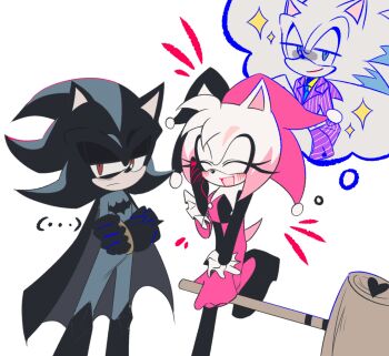 amy_rose batman batman_(cosplay) batman_(series) black_fur black_hair black_suit blue_fur blue_hair blush boots cape clown clown_girl cosplay dc_comics flower formal_clothes gloves green_eyes hammer harley_quinn harley_quinn_(cosplay) hat highres jacket jester jester_cap jester_costume jester_girl makeup mask pink_fur pink_hair purple_suit red_eyes red_lips sega shadow_the_hedgehog smile sonic_(series) sonic_the_hedgehog suit suit_jacket superhero_costume the_joker the_joker_(cosplay) thinking ttt_o3o warner_bros. white_facepaint