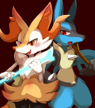 2others blush bone braixen furry gen_4_pokemon gen_6_pokemon highres holding iz0n448 lucario multiple_others nintendo open_mouth orange_eyes other_focus pokemon pokemon_(creature) red_eyes smile spikes standing stick