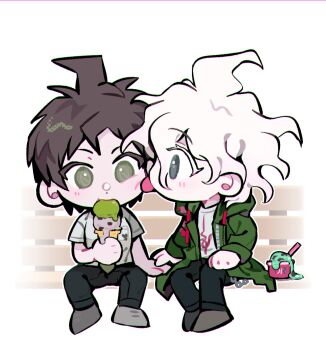 2boys ahoge bench blue_eyes brown_hair chibi chibi_only colored_eyelashes commentary cup danganronpa_(series) danganronpa_2:_goodbye_despair disposable_cup disposable_ice_cream_cup disposable_spoon eating english_commentary food green_eyes green_jacket green_necktie hand_on_another's_hand highres hinata_hajime holding holding_food holding_ice_cream holding_ice_cream_cone hood hood_down hooded_jacket ice_cream ice_cream_cone ice_cream_cone_spill ice_cream_spoon jacket komaeda_nagito licking licking_another's_cheek licking_another's_face looking_at_another male_focus melting messy_hair multiple_boys multiple_scoops necktie okamotoo on_bench open_clothes open_jacket park_bench print_shirt shirt simple_background sitting soft_serve spoon tongue tongue_out white_background white_eyelashes white_hair yaoi