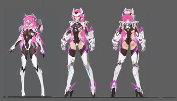 Rule 34 | 2girls, 300 heroes, absurdres, ass, bad id, bad pixiv id, bodysuit, breasts, reference sheet, elbow gloves, facing away, facing viewer, gauntlets, gloves, gluteal fold, grey background, headgear, high heels, highres, large breasts, legs apart, leotard, long hair, mecha musume, multiple girls, multiple views, pink hair, red eyes, see-through clothes, simple background, standing, thighhighs, visor, zhuore zhi hen