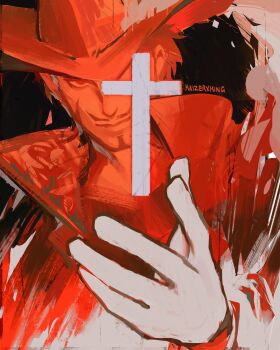 1boy absurdres beard chinstrap_beard closed_mouth commentary cross dracule_mihawk facial_hair hashtag-only_commentary hat high_collar highres kaizer_(kaizerxking) male_focus monochrome mustache one_eye_covered one_piece red_theme signature smoke solo